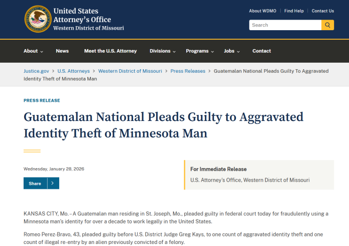 Guatemalteco acepta culpabilidad en robo de indentidad