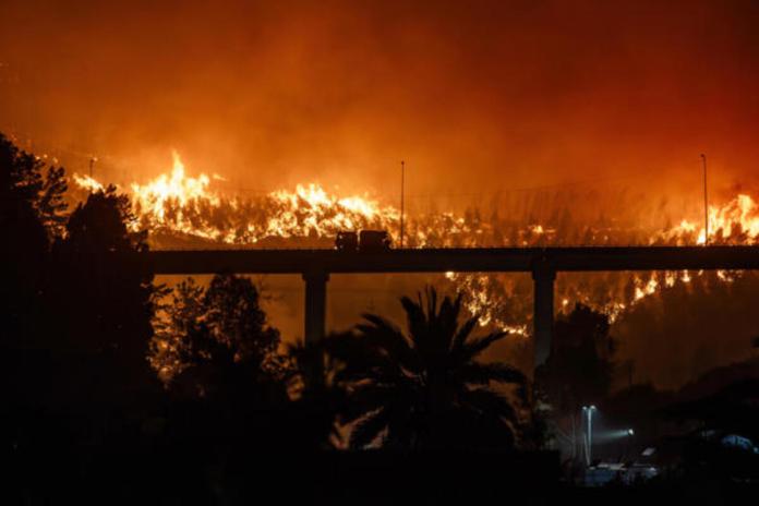 Fotografía del incendio forestal en la madrugada del domingo, en Penco (Chile). Foto: La Hora/ EFE/ Pablo Hidalgo