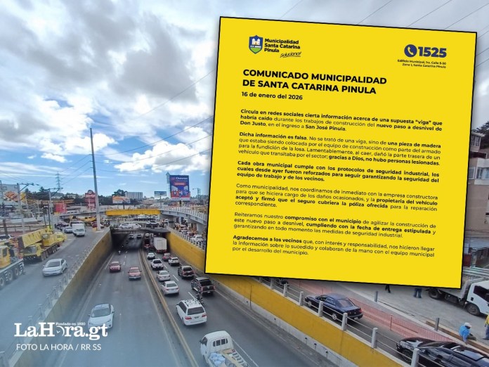 La Municipalidad de Santa Catarina Pinula desmintió la información que circula en redes sociales sobre la supuesta caída de una viga durante los trabajos de construcción.