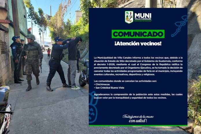 Municipalidad de Villa Canales cancela actividades de la feria de Santa Elena Barillas de por estado de sito Comunicado de cancelación de actividades de la feria de Santa Elena Barillas. Foto La Hora: Municipalidad de Villa Canales