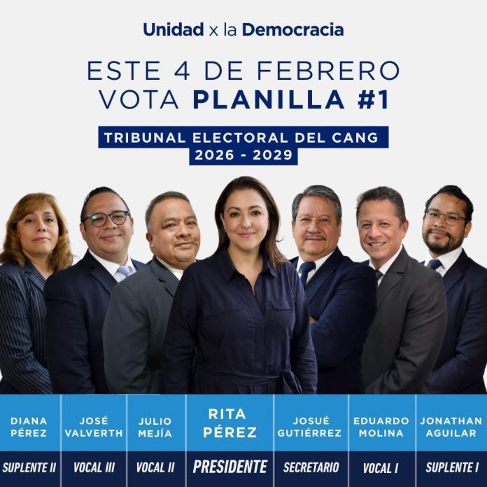 La candidata a la presidencia del Tribunal Electoral del CANG por la planilla 1 es Rita Fernanda Pérez Gálvez.