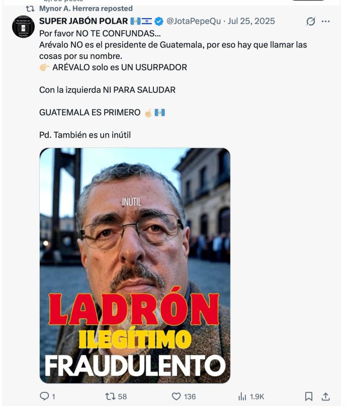 Captura de un repost publicado por Mynor Herrera en su cuenta de X, en el que respalda la narrativa de fraude electoral.