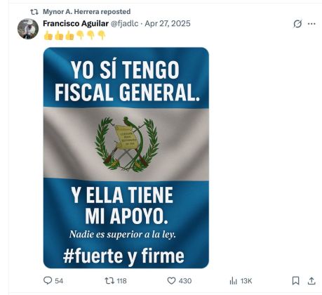 Captura de un repost publicado por Mynor Herrera en su cuenta de X, en el que respalda la narrativa de fraude electoral.
