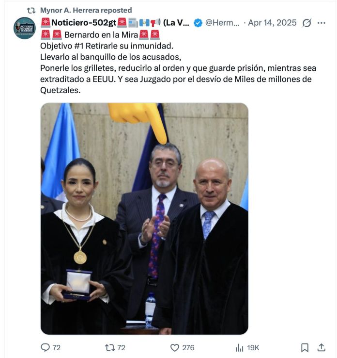 Captura de un repost publicado por Mynor Herrera en su cuenta de X, en el que respalda la narrativa de fraude electoral.