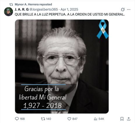 Captura de un repost publicado por Mynor Herrera en su cuenta de X, en el que respalda la decisi&oacute;n de replicar un golpe de Estado en Guatemala como lo hizo Efra&iacute;n R&iacute;os Montt en los 80.