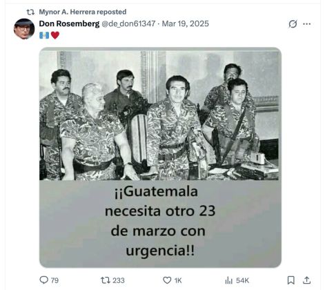 Captura de un repost publicado por Mynor Herrera en su cuenta de X, en el que respalda la decisi&oacute;n de replicar un golpe de Estado en Guatemala como lo hizo Efra&iacute;n R&iacute;os Montt en los 80.