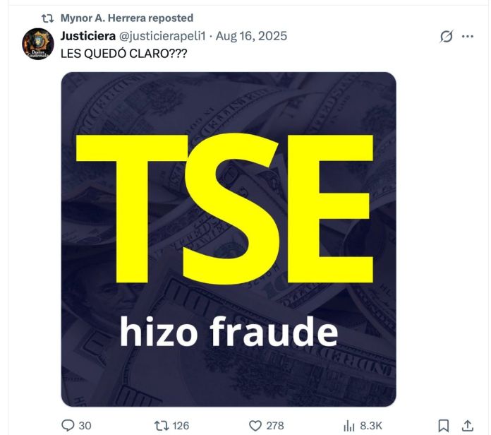 Captura de un repost publicado por Mynor Herrera en su cuenta de X, en el que respalda la narrativa de fraude electoral.