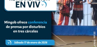 Retransmisión de la conferencia del Mingob por disturbios en tres cárceles. Arte La Hora: Roberto Altán