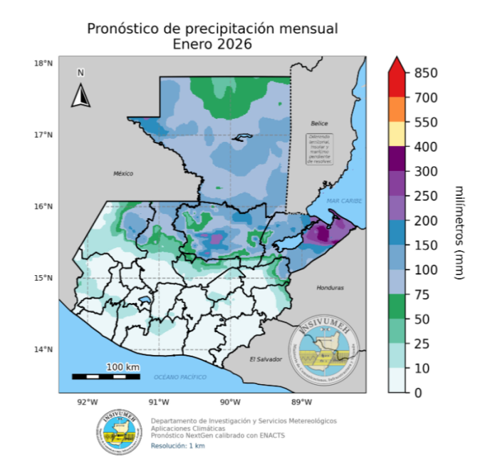 Pronóstico de precipitación mensual enero 2026. Foto La Hora: Insivumeh 