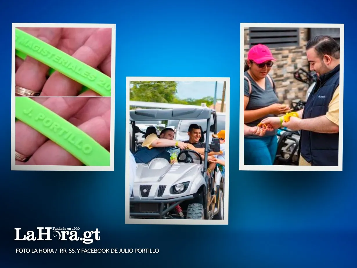 En julio de 2024, al diputado Julio Portillo se le vio repartiendo pulseras que llevaban la frase "J. Portillo". Arte: La Hora/Francisco Roberto Altán