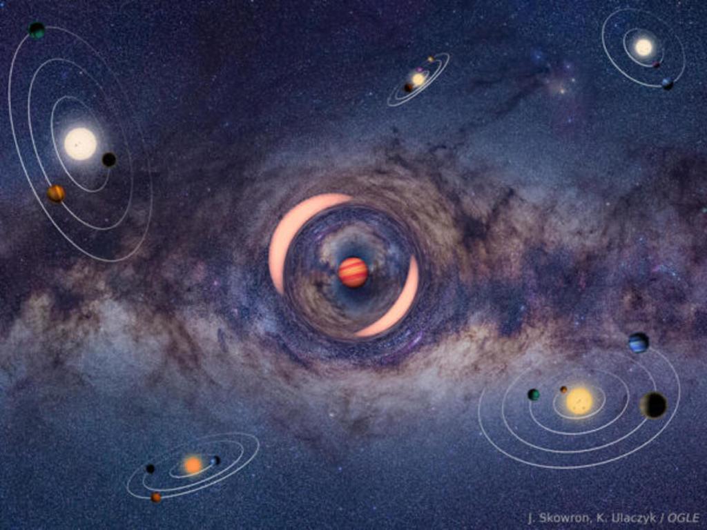 Impresión artística de un planeta errante que produce microlentes gravitacionales en una estrella distante en el centro galáctico. La mayoría de los planetas conocidos orbitan estrellas en sistemas gravitacionalmente ligados. Crédito: J. Skowron, K. Ulaczyk / OGLE/EFE