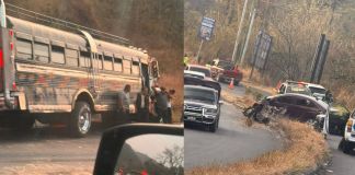 El choque entre un bus extraurbano y un automóvil en el kilómetro 41.5 de la CA-1 Oriente obstruye un carril de ambos lados de la carretera. Foto La Hora: Carta Informativa Noticias