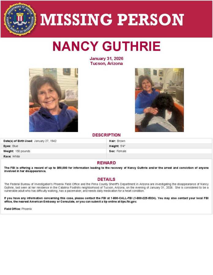 Fotografía cedida por el FBI que muestra el cartel de búsqueda de Nancy Guthrie, la mujer de 84 años desaparecida desde la noche del sábado 31 de enero en la ciudad de Tucson, Arizona (Estados Unidos). Foto La Hora: EFE