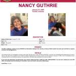 Fotografía cedida por el FBI que muestra el cartel de búsqueda de Nancy Guthrie, la mujer de 84 años desaparecida desde la noche del sábado 31 de enero en la ciudad de Tucson, Arizona (Estados Unidos). Foto La Hora: EFE