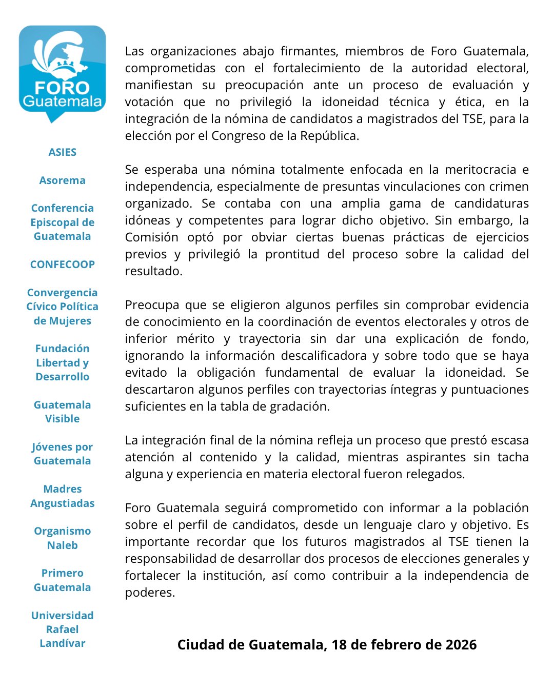 Boletín de Foro Guatemala sobre la elección de 20 aspirantes a magistrados del TSE. Foto La Hora: Foro Guatemala