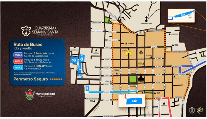 En varios parqueos municipales se prestará el servicio de transporte gratuito para los visitantes, según informó la municipalidad de La Antigua. Foto La Hora: captura de pantalla municipalidad de La Antigua.