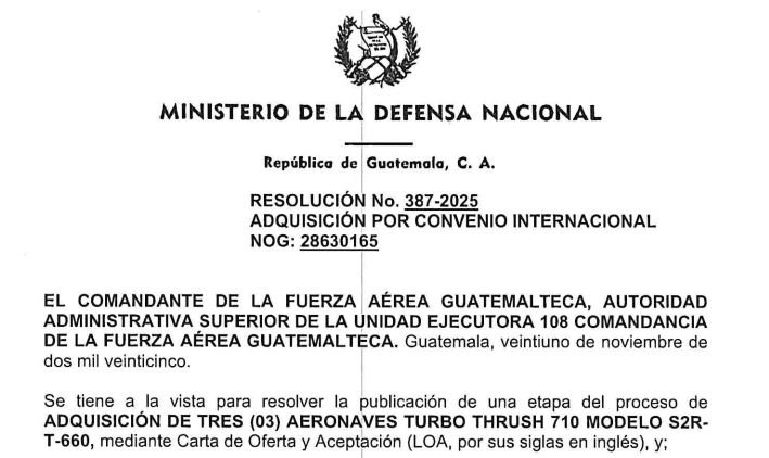 Resolución mediante la cual se autorizó la compra de aeronaves tipo Thrush al Gobierno de EE. UU. Fuente: Guatecompras