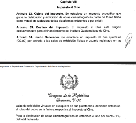 La propuesta origianl de la Inciativa 5906 propon&iacute;a un impuesto de Q2.00 en las salas f&iacute;sicas o virtuales de cine. Foto La Hora: Congreso de Guatemala