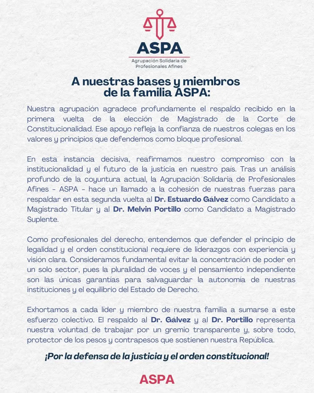 Comunicado de ASPA para secundar voto a Estuardo Gálvez y Melvin Portillo. Foto La Hora: ASPA