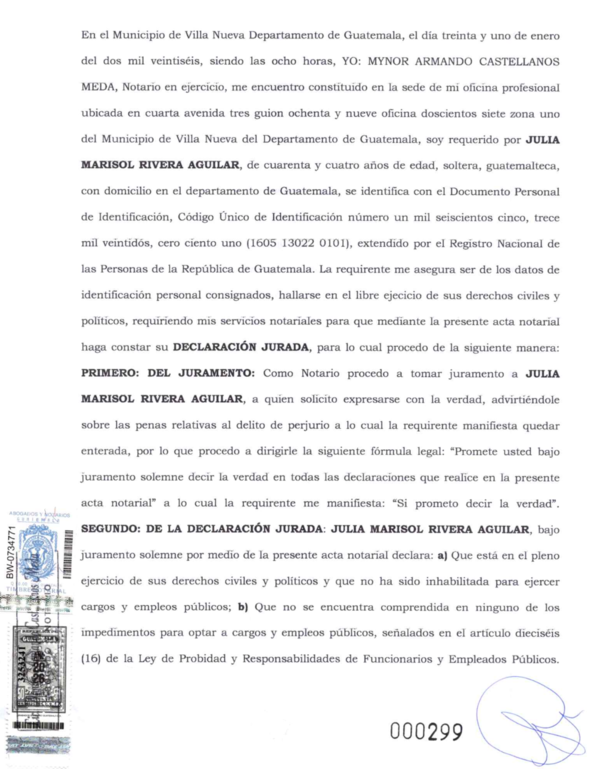 La declaración jurada que presentó Julia Rivera en su expediente como candidata a magistrada de la Corte de Constitucionalidad. Foto La Hora.