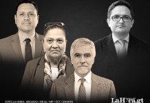 El abogado Raúl Falla, la fiscal general María Consuelo Porras y Ricardo Méndez-Ruiz, presidente de la FCT. Foto La Hora: Alejandro Ramírez.