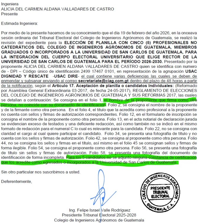 Planilla “Usac Dignidad y Rescate” deberá subsanar inconsistencias. Foto La Hora: Cortesía.