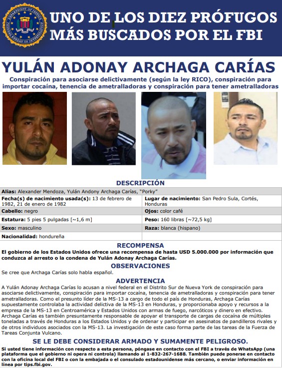 EE.UU. ofrece Q38.5 millones por el líder de la MS-13 más buscado por el FBI. Foto La Hora: FBI.