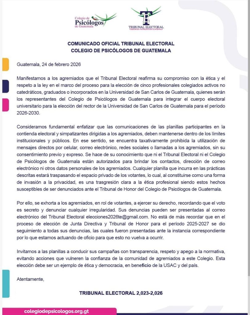 Comunicado del Colegio de Psicólogos de Guatemala. Foto La Hora: CPG