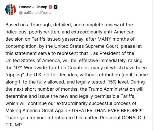 Este sábado, el presidente Donald Trump informó que el arancel global que anunció ayer pasaría de 10% a 15%.