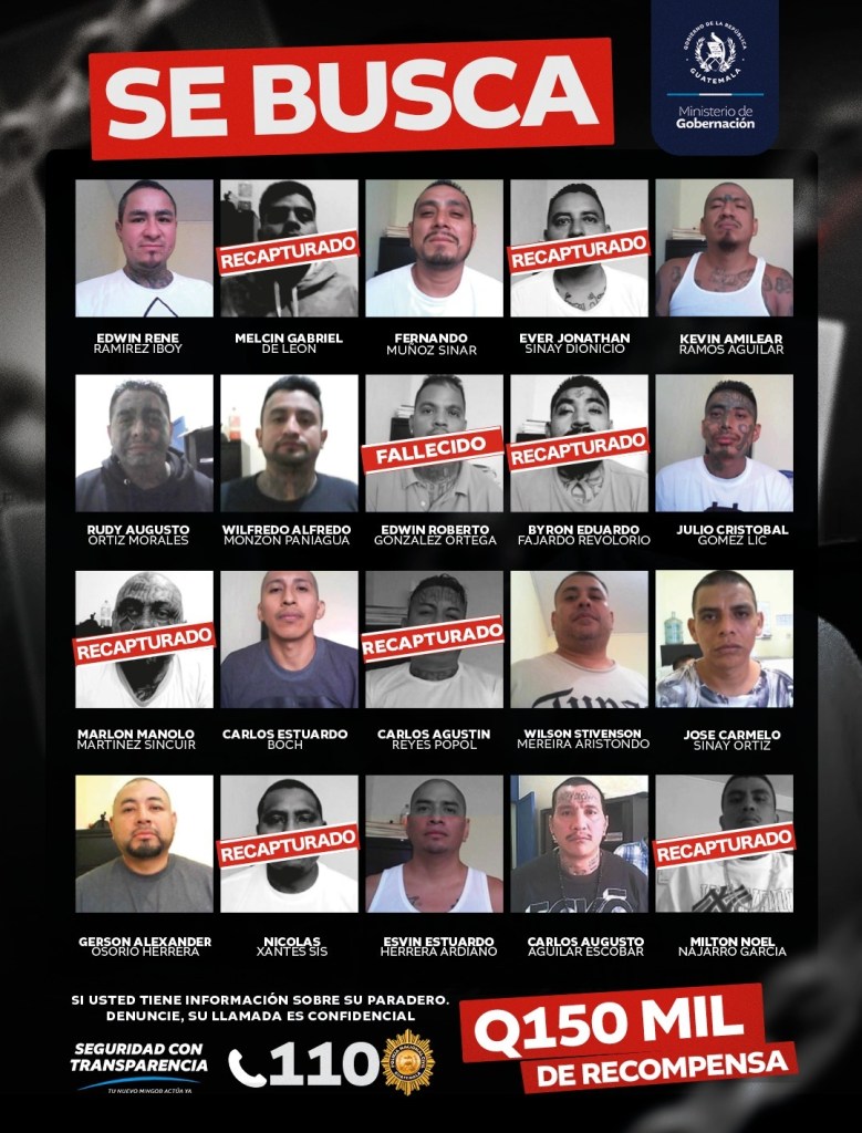 Publicación del Ministerio de Gobernación que identifica a los 20 reos fugados de Fraijanes II. Foto Mingob