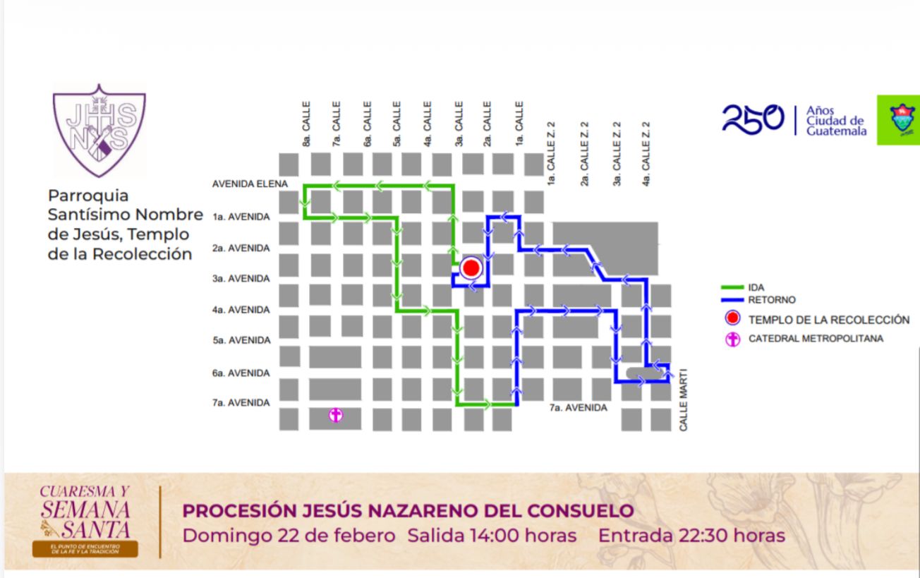 Recorrido de cortejo procesional de Jesús Nazareno del Consuelo. Templo La Recolección.Foto: PMT