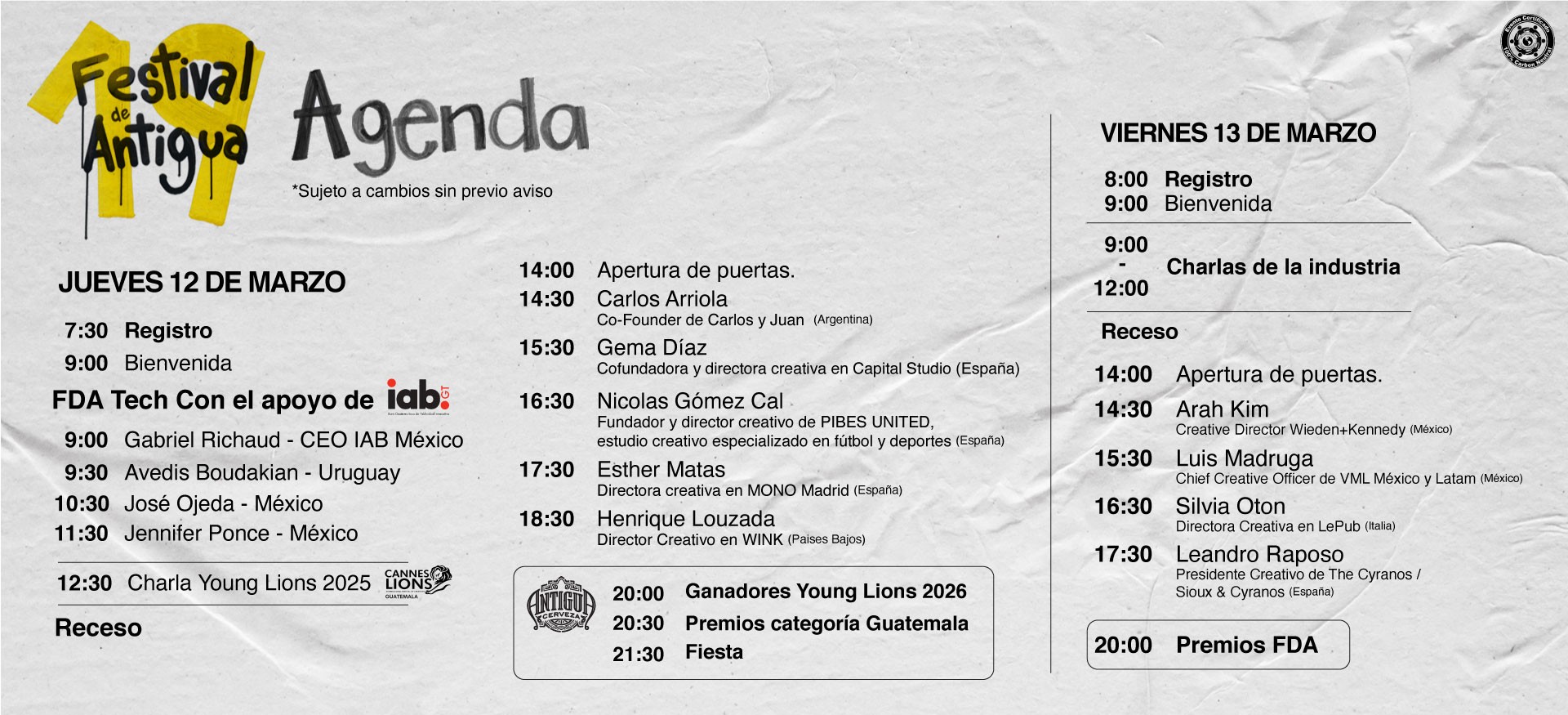 Agenda de actividades para los dos días del Festival de Antigua. Foto:Speakers que se presentarán en el Festival de Antigua 2026. Foto: Festival de Antigua.