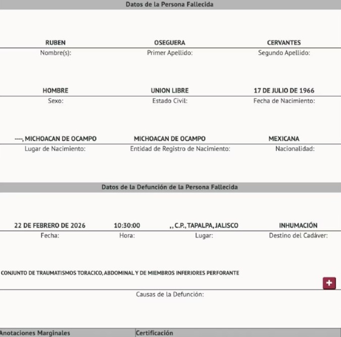 Acta de defunción. Foto La Hora: Infobae.