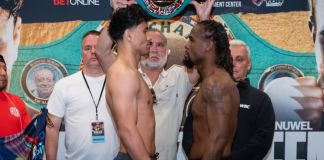 Lester Martínez y Aleem se encaran por última vez antes de la pelea. Foto La Hora: ProBoxTV.