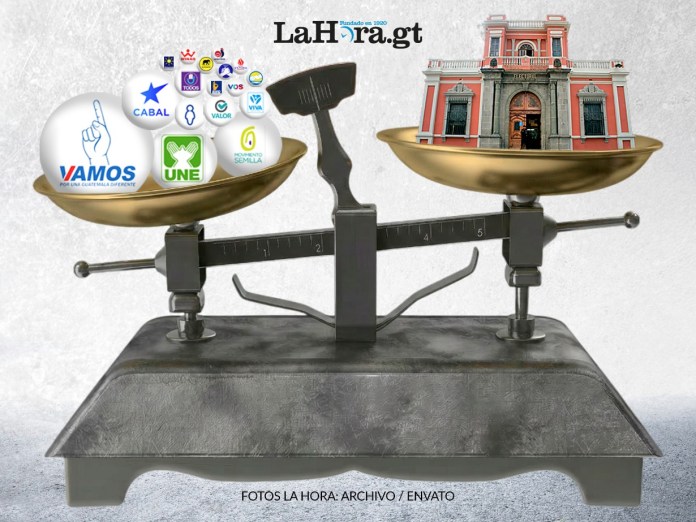 Ilustración que muestra una balanza con los partidos políticos de un lado y el TSE del otro.