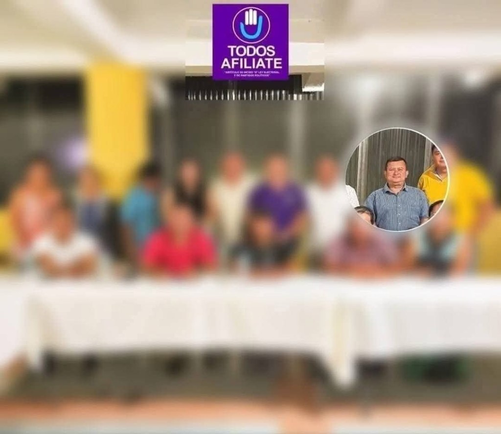 En la imagen un logo del partido TODOS y en el circulo Byron Tay