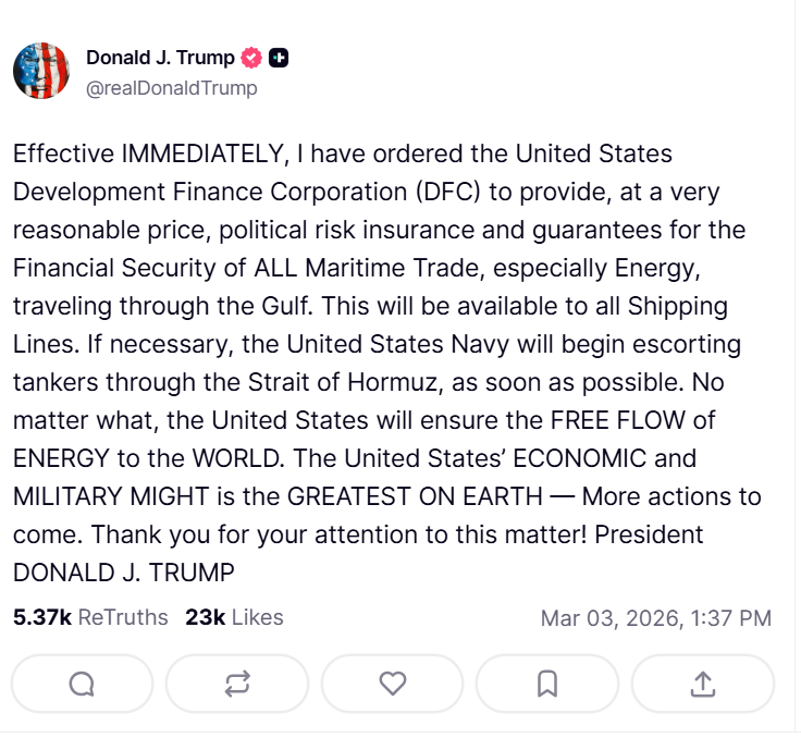 Publicación realizada por el presidente Donald Trump en su red Truth Social.