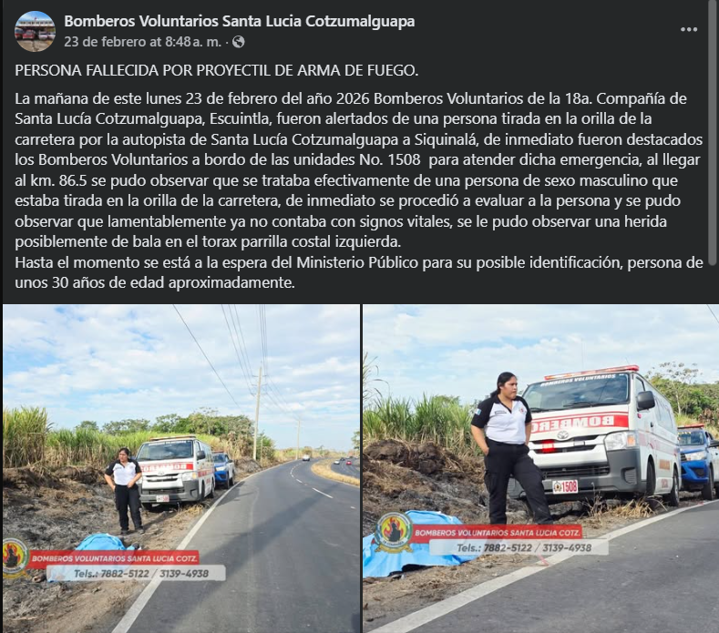 Hombre muere en ataque armado en el km 86 de Santa Liucia Cotzulmalguapa, Escuintla.Foto: Bomberos Voluntarios
