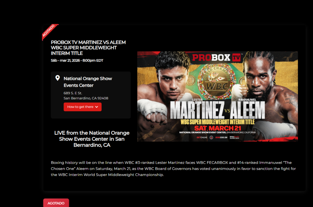 En la cartelera del National Orange Show Event Center (NOS) se avisa de que las entradas para la pelea están agotadas. Foto La Hora: NOS