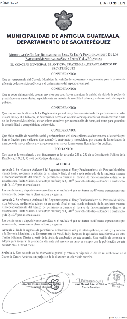 Muni de Antigua fija precio máximo en dos parqueos municipales con vigencia desde este 24 de marzo