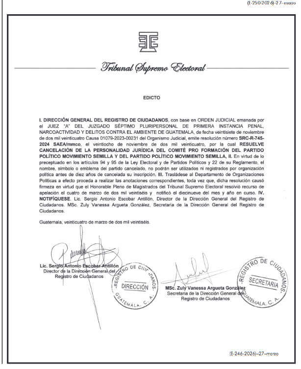 Tras orden de Fredy Orellana, TSE oficializa cancelación del partido político Movimiento Semilla