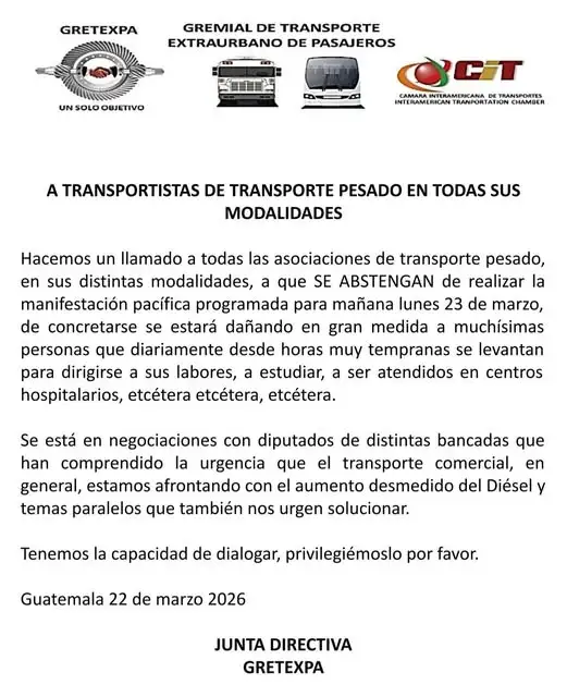 Comunicado de Gretexpa haciendo el llamado a asociaciones de transporte pesado a no unirse a manifestacion por alza en precios de los combustibles.Foto: La Hora, Gretexpa/ Redes sociales