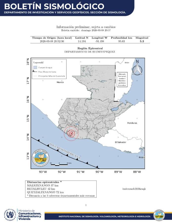 Mapa muestra que el epicentro del temblor fue Suchitepéquez.