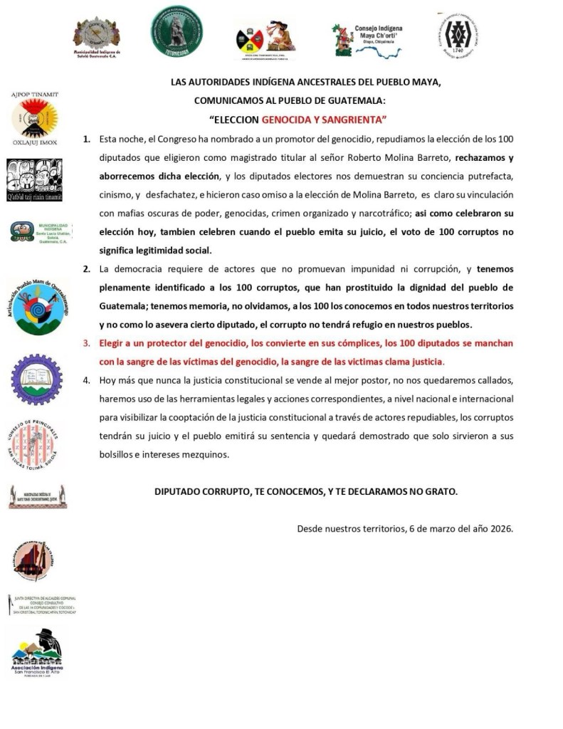 Comunicado de autoridades indígenas sobre la elección de Molina Barreto. Foto La Hora: Cortesía