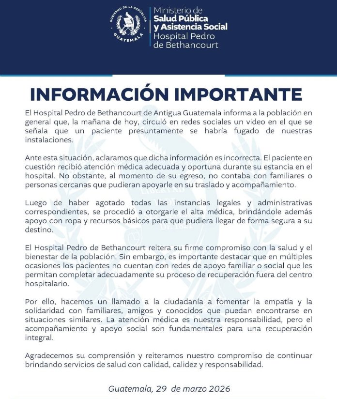Comunicado del Hospital Pedro Betancourt sobre la presunta fuga de un paciente.