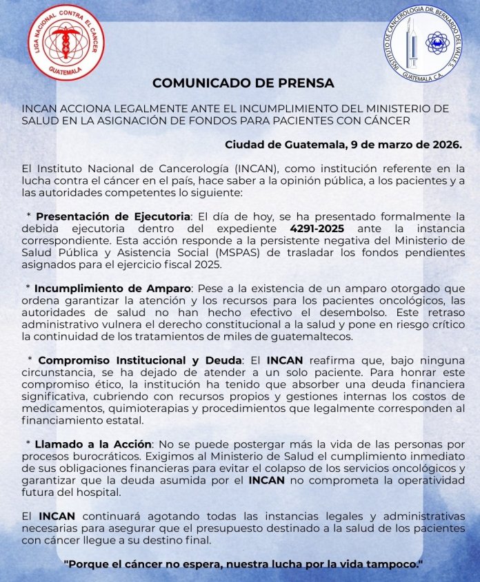 Instituto de Cancerología presenta ejecutoria por incumplimiento de traslado de recursos del MSPAS. Foto La Hora: INCAN.