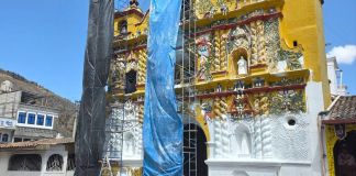 El trabajo que se hace al templo católico no ha sido autorizado, según el Ministerio de Cultural. Foto La Hora: NuevaVision San Andres Xecul/FB