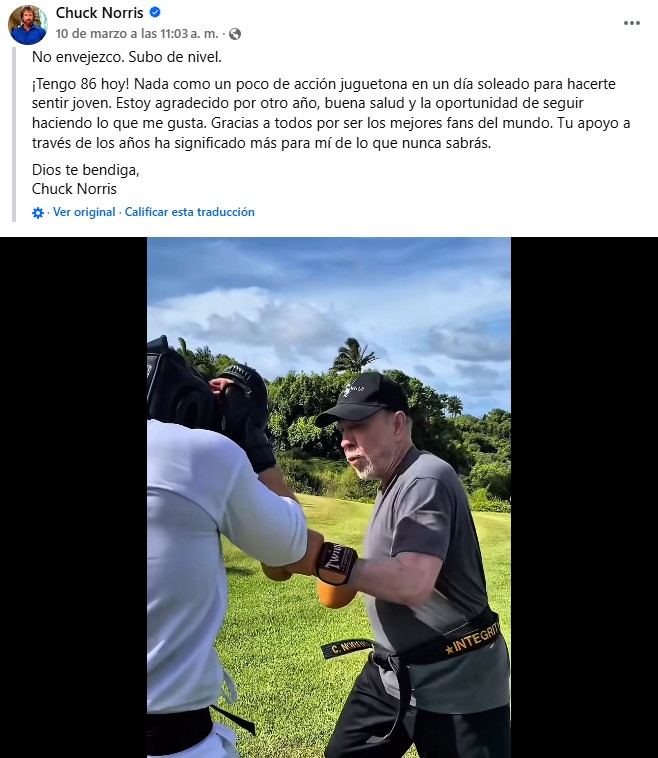 La publicación de Chuck Norris, entrenando en su cumpleaños. Foto La Hora: captura de pantalla