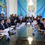 El ministro de Gobernación, Marco Antonio Villeda, y su equipo de trabajo responde por bloqueadores, requisas y plan de seguridad. Foto: Congreso de la República