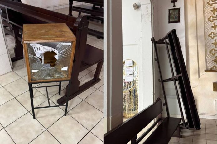 Parroquia Nuestra Señora de La Asuncion Los ladrones habrían ingresado a la parroquia por dos vitrales que quebraron y escaparon utilizando bancas para improvisar una escalera. Foto La Hora: Pasos de Fe